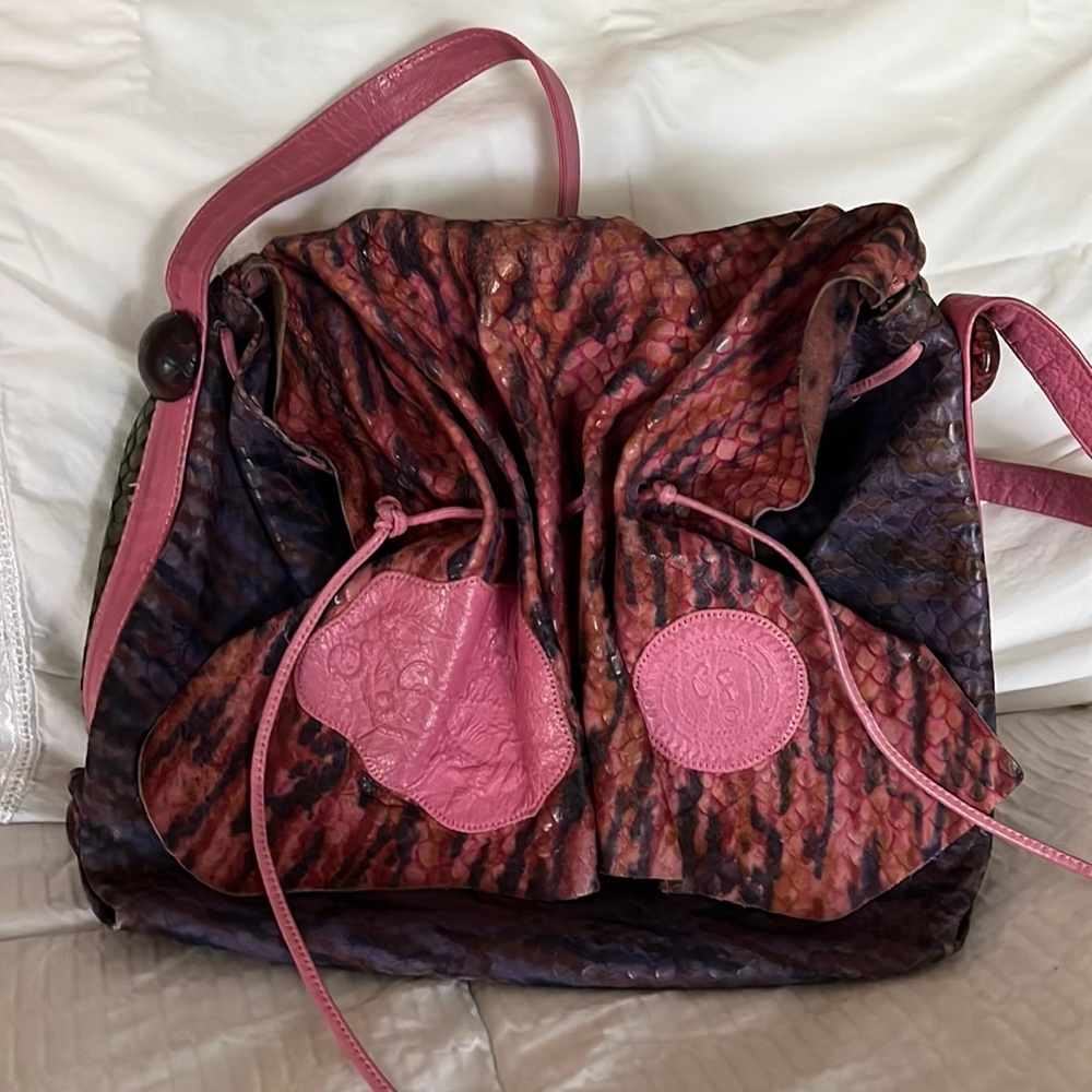 Carlos Falchi pink green and purple snake skin